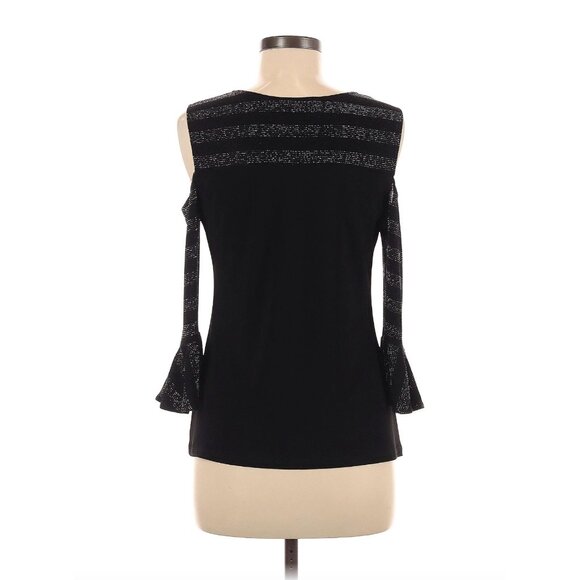 Joseph Ribkoff‎ Black Silver Cold Shoulder Bell Sleeve Knit Top Size 6 S M Shirt - Picture 3 of 6